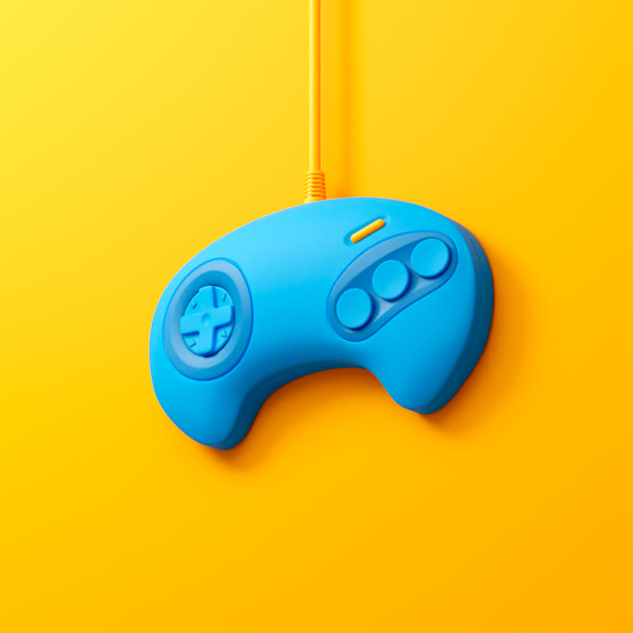 Stylised Sega Genesis controller, blue on a yellow ground