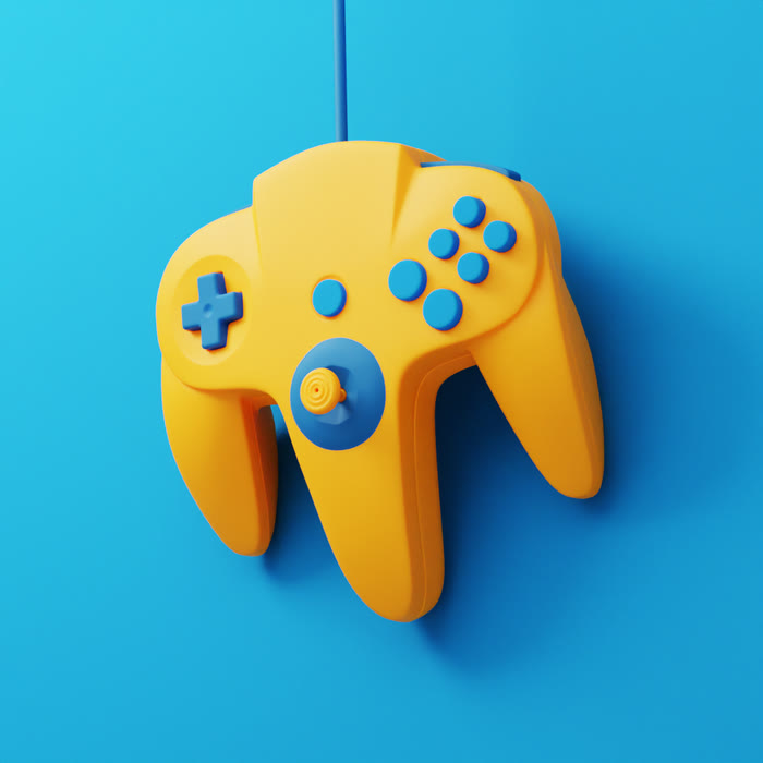 Stylised N64 controller, yellow on a blue ground