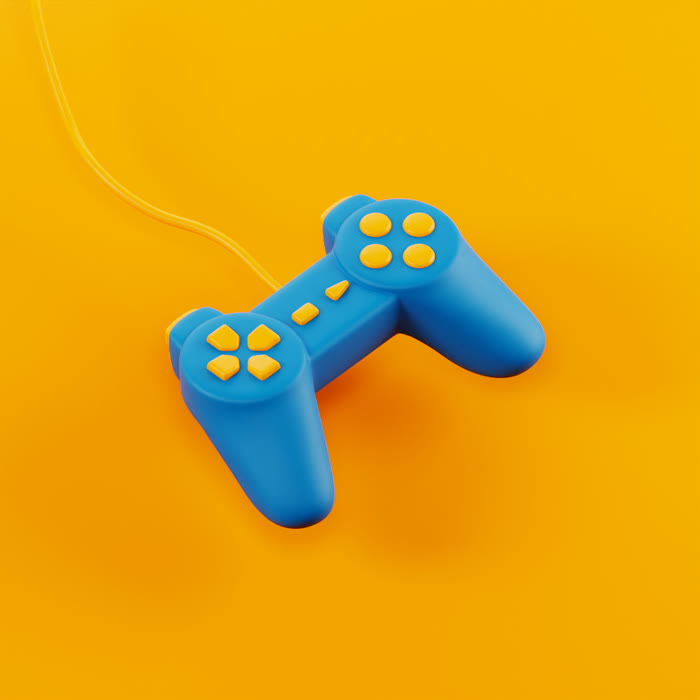Stylised PlayStation controller, blue on a yellow ground