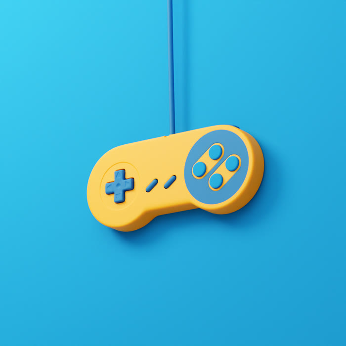 Stylised SNES controller, yellow on a blue ground