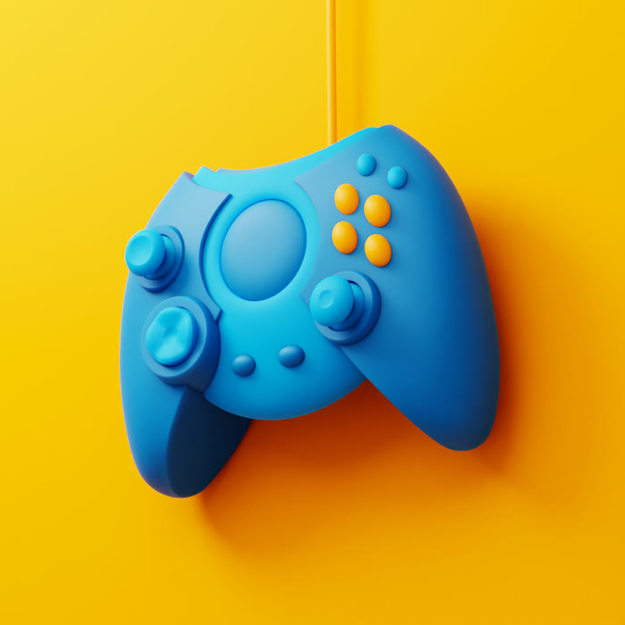 Stylised Xbox controller, blue on a yellow ground