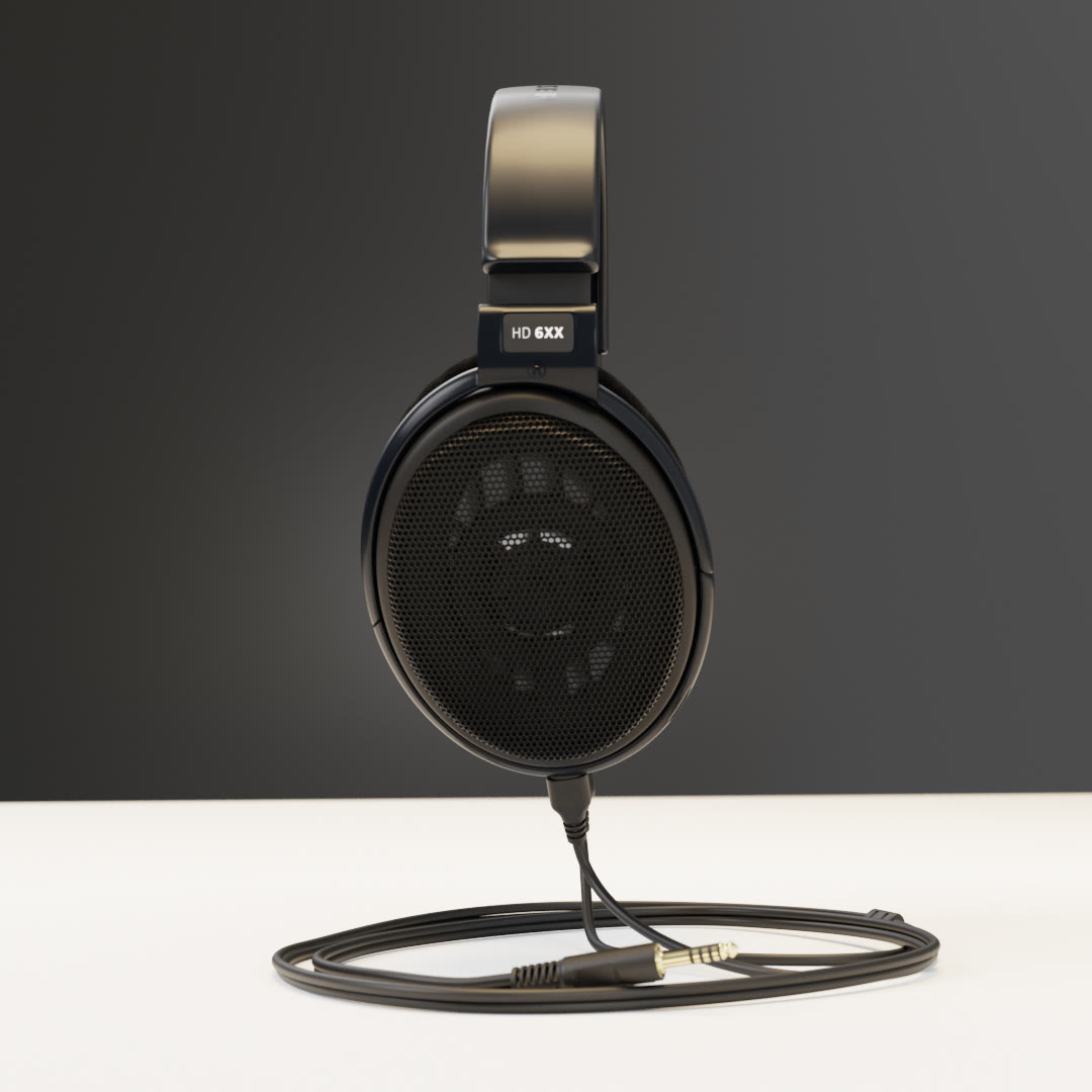 Product render of HD 6XX headphones, profile view showing the open grille