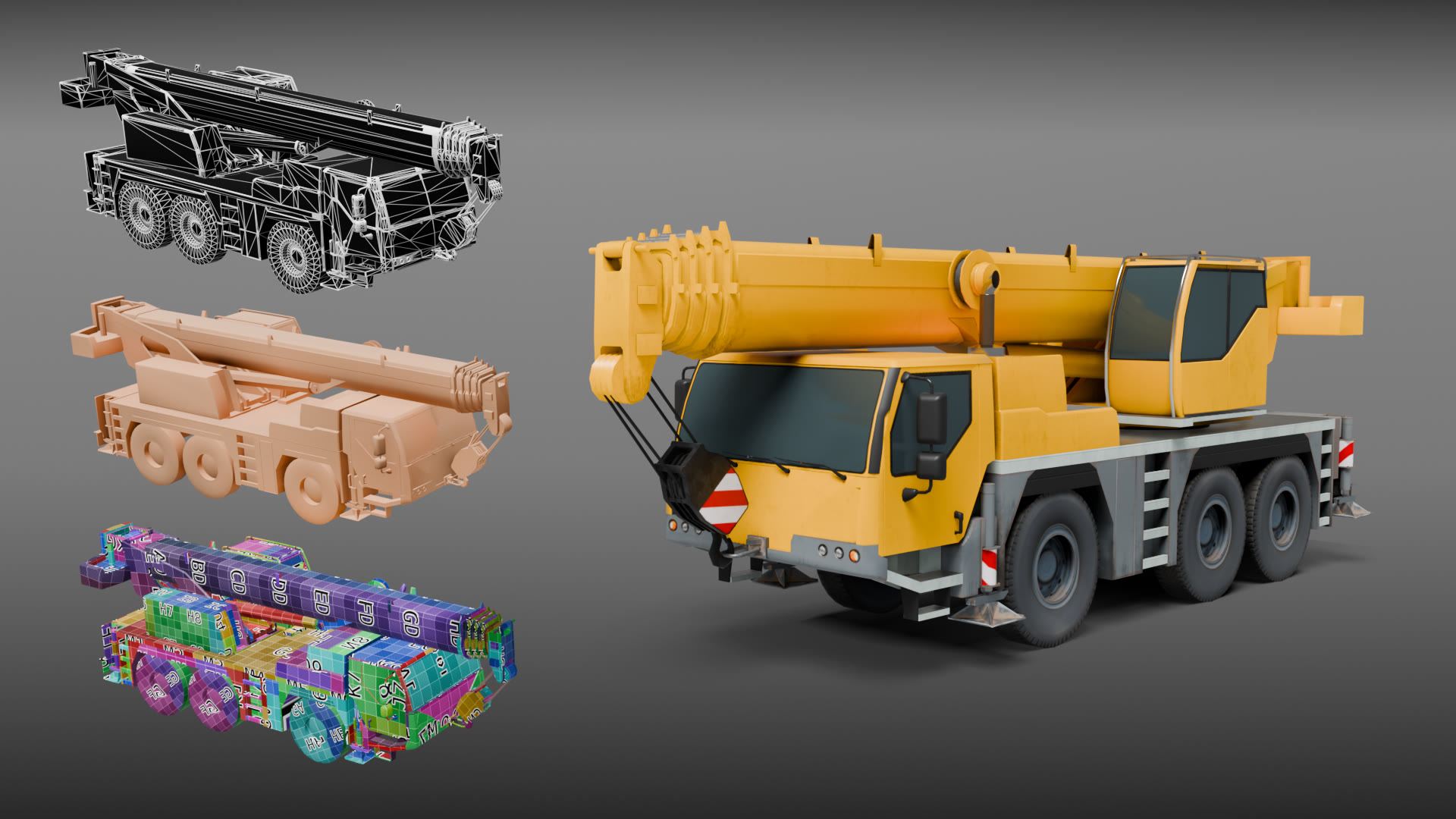 Breakdown sheet for the mobile crane: wireframe, clay, UV layout and final textured render