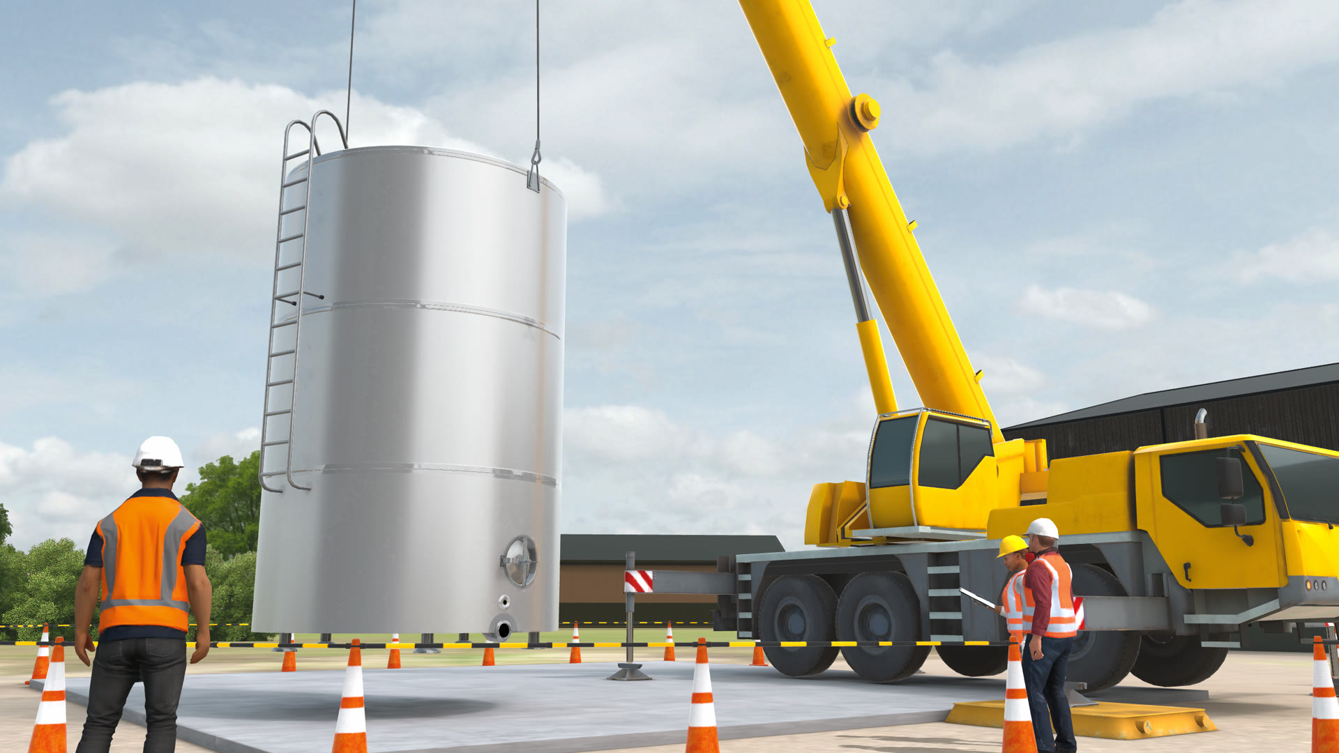 Mobile crane lifting a steel vat tank inside a coned exclusion zone, from the VR safety training