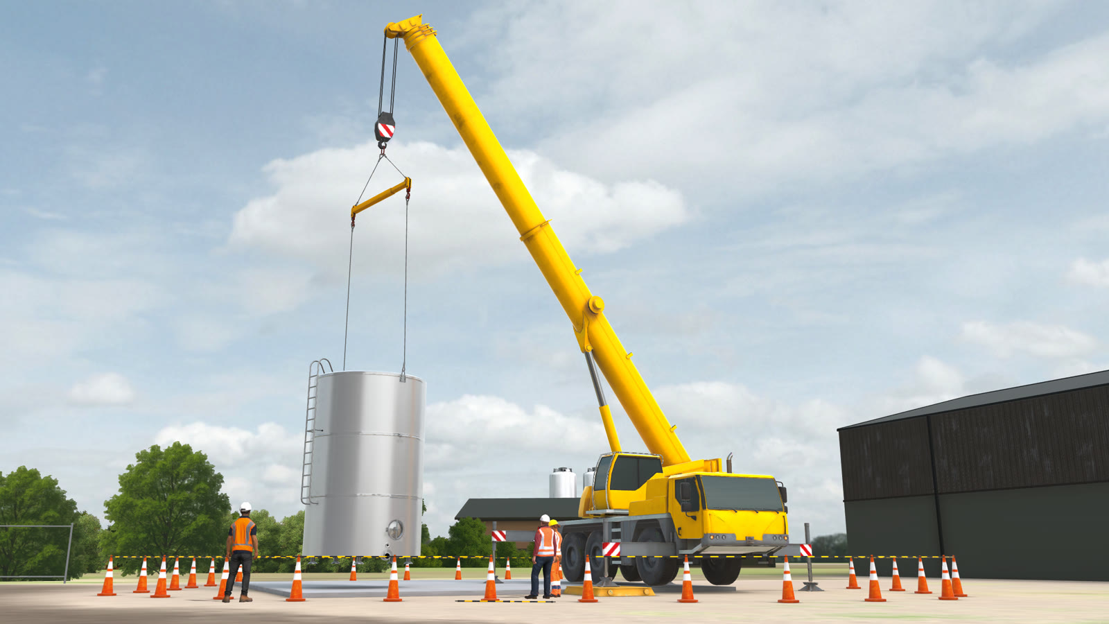 Wide view of the same lift scene showing the full site, shed and boundary