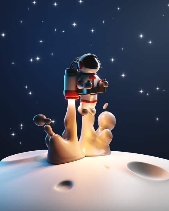 Stylised astronaut lifting off a moon surface on a jetpack against a starfield