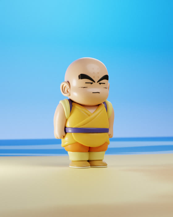 Krillin, stylised in chibi proportions, three-quarter view on a beach