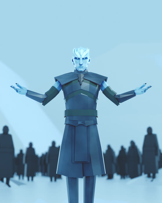 The Night King in faceted low poly, arms outstretched, a crowd silhouetted in the haze behind him